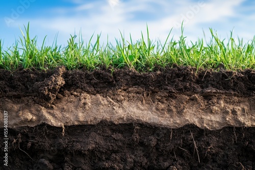 Layers of rich soil and green grass under bright blue sky background. Perfect for agriculture, biology, or environmental science designs.