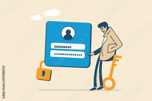 Strong password for cyber security, high protection and safety for login account, secure data privacy, online authentication concept, businessman hold key with user account lock with strong lock pad.