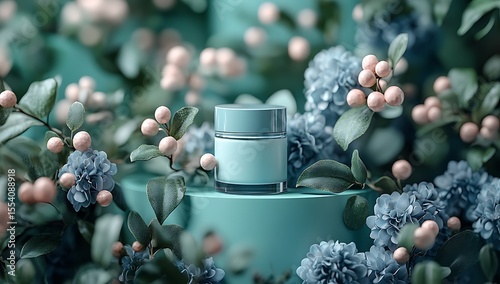 Light blue cosmetic jar mockup with pastel flowers and leaves

