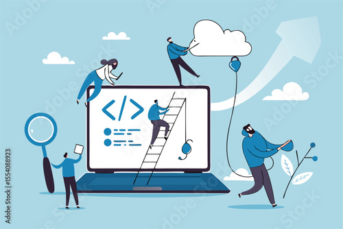 Software development, coding team, programming frontend backend framework, debugging algorithm, testing or deployment concept, young people software engineer working with online cloud computer laptop.