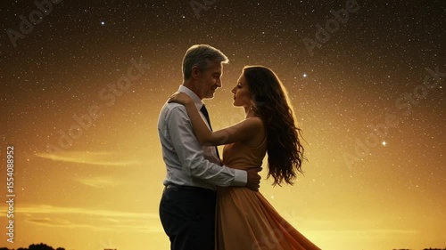 Romantic couple embracing under a starry sky at sunset