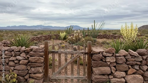 Rustic wooden gate opening to a desert landscape with cacti