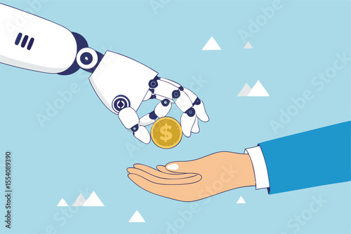 Artificial intelligence AI make money, data licensing resource for AI training payment, automation investment, robot trading or banking concept, AI robot hand giving dollar money to businessman.