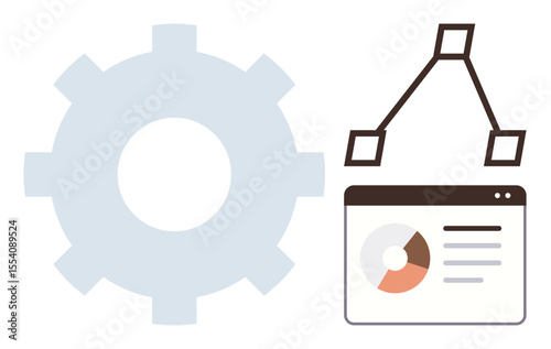 Large gear beside web interface with data chart, design elements, and visuals for creativity, development, technology, data optimization, teamwork, analytics and process improvement. A simple flat