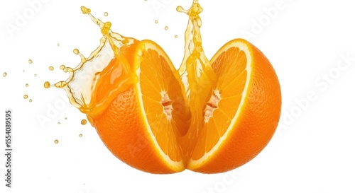 Fresh orange slices with juicy splash on white background