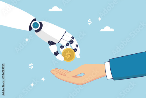 Artificial intelligence AI make money, data licensing resource for AI training payment, automation investment, robot trading or banking concept, AI robot hand giving dollar money to businessman.