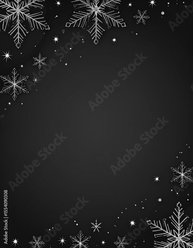 Elegant Silver Snowflake Border on Dark Black Background with Glittering Stars Festive Winter Holiday Celebration Announcement