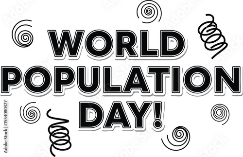 World population day text with black swirls on a white background