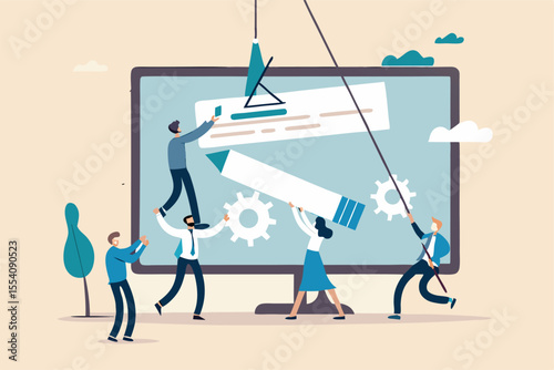 Website development, build homepage layout or html designer, SEO search engine optimization or site template creation concept, business people help carry web banner create website on computer screen.