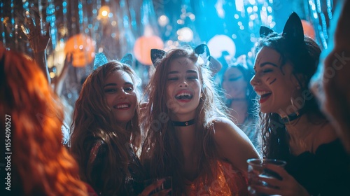 Women in cat ears enjoy a festive halloween party