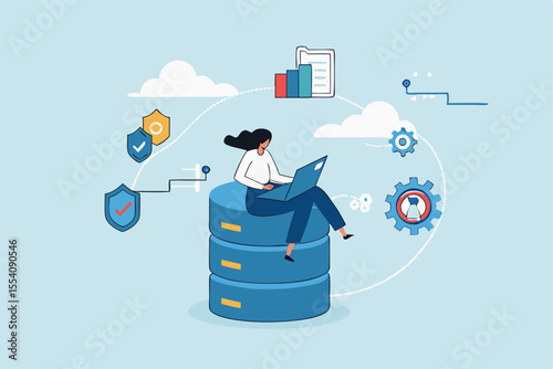 Database system, data network management, security or search, cloud computing technology or file document archive, database administration concept, woman working with computer laptop on database.
