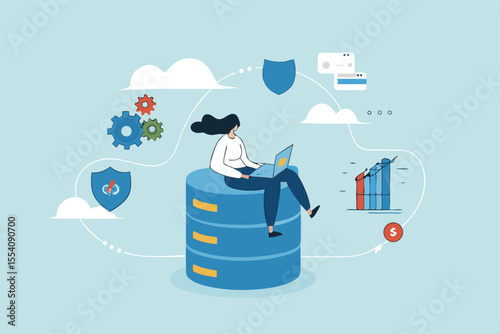 Database system, data network management, security or search, cloud computing technology or file document archive, database administration concept, woman working with computer laptop on database.