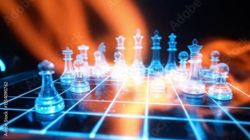 A futuristic chessboard with a grid of bright blue light. 