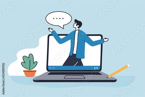 Online video interview, meeting discussion or teaching e-learning, job interview or employment, talk or chat with colleague, conference call, businessman talking on computer laptop online interview.