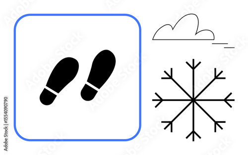 Footprints inside a square with a cloud and a snowflake evoke winter, walking, or outdoor activity. Ideal for weather, travel, exploration, minimalism, nature, winter sports and outdoor safety