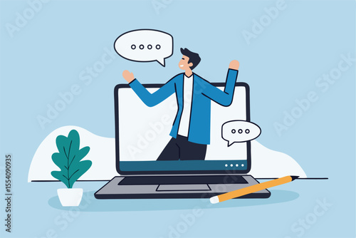Online video interview, meeting discussion or teaching e-learning, job interview or employment, talk or chat with colleague, conference call, businessman talking on computer laptop online interview.