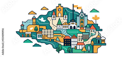 Colorful illustrated townscape with a variety of buildings and trees presented in a unique artistic vector style.
