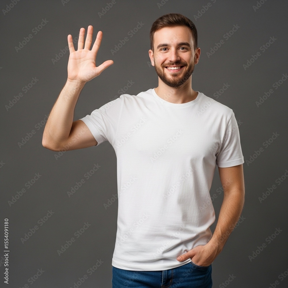 Naklejka premium Smiling Man Showing Number Five Hand Gesture on Background