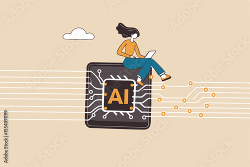 Working with AI artificial intelligence, technology helping or support success work, AI prompt engineer or robot assistance concept, woman work with computer laptop on AI artificial intelligence chip.