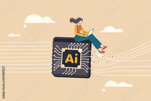 Working with AI artificial intelligence, technology helping or support success work, AI prompt engineer or robot assistance concept, woman work with computer laptop on AI artificial intelligence chip.