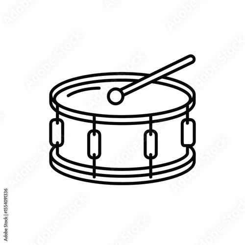 Minimalist Line Art Illustration of a Drum with Drumstick on White Background