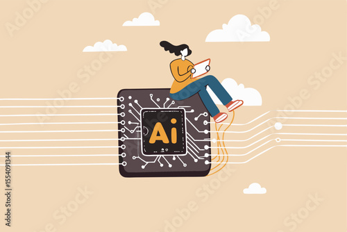 Working with AI artificial intelligence, technology helping or support success work, AI prompt engineer or robot assistance concept, woman work with computer laptop on AI artificial intelligence chip.