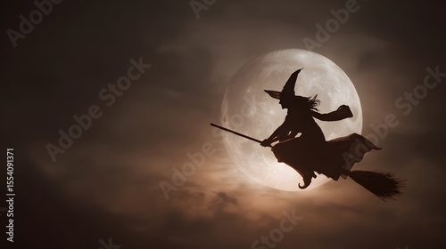 A witch on a broomstick flies in front of the full moon, creating a spooky Halloween image.