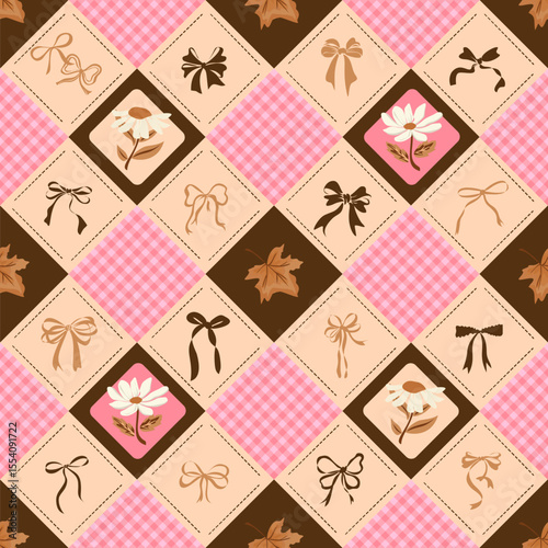 Feminine Patchwork Seamless Pattern with Bows, Flowers, and Gingham in Soft Brown and Pink