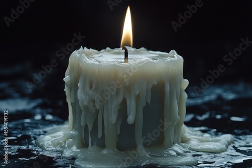 Thick, melting white candle burning against dark background creates moody vibe. Use for themes like remembrance, grief, reflection, and spiritual concepts.