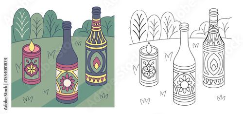 Colorful illustration of decorated bottles and candle on a grassy landscape with trees in a stylized vector art style
