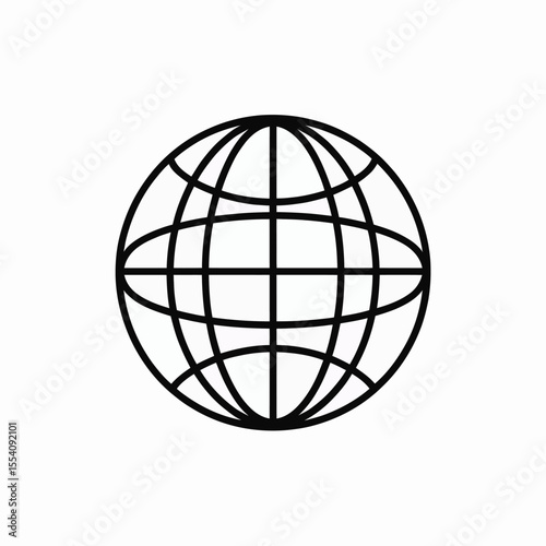 Simple Black and White Globe Icon with Grid Lines on White Background