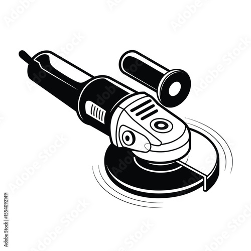 Black and white illustration of an angle grinder tool for metal work