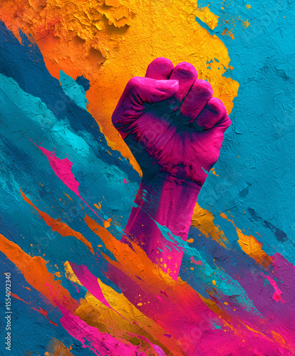 vibrant raised fist painted in bold colors symbolizes strength and unity, surrounded by dynamic splashes of blue, orange, and pink, evoking sense of empowerment and creativity