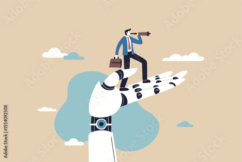 AI, Artificial Intelligence help business success, future of AI working with humanity, robot automation or innovation support, business support, robot hand help businessman look on telescope future.