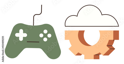 Green game controller next to cloud with gear element, linking gaming and cloud computing. Ideal for technology, innovation, entertainment, gaming industry, cloud storage, connectivity, simple flat