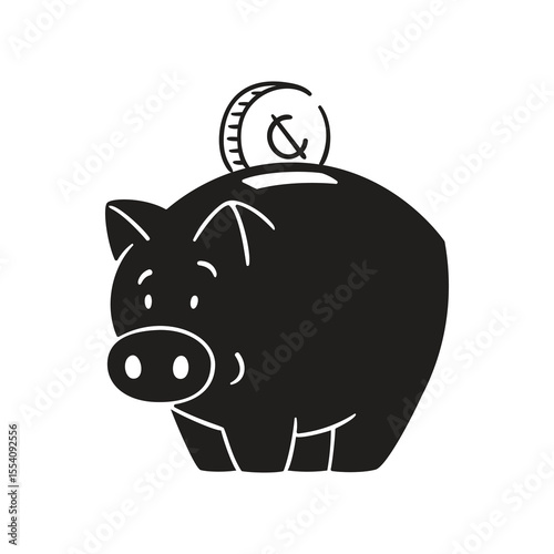 Black piggy bank with a coin slot on top, symbolizing saving and financial growth in a minimalist style