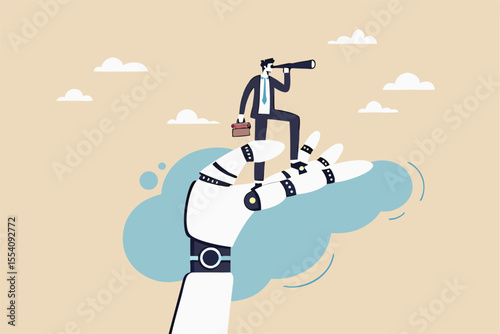 AI, Artificial Intelligence help business success, future of AI working with humanity, robot automation or innovation support, business support, robot hand help businessman look on telescope future.