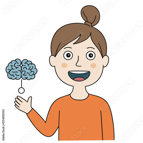 Woman with bun hairstyle presenting a floating brain illustration on a black background art style