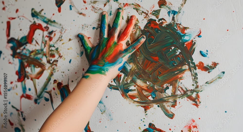 Obraz premium A close-up of a child's hand covered in colourful paint during a messy finger painting session, symbolizing childhood creativity, sensory play, and artistic expression.