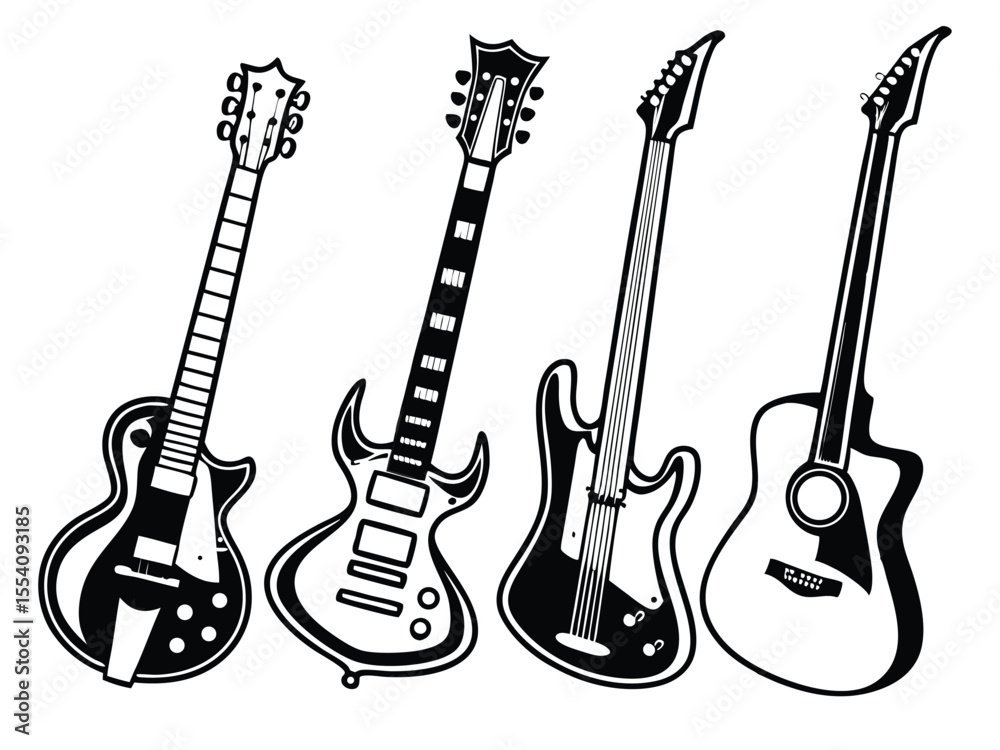 Obraz premium Guitar Silhouette Set – Acoustic and Electric Vector Collection