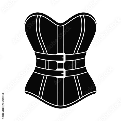 Black Corset Silhouette with Straps and Buckles on White Background