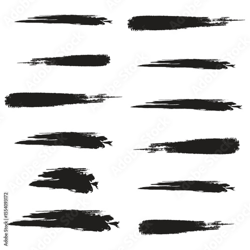 Black paint strokes arranged in various lengths and thicknesses on a white background for artistic use