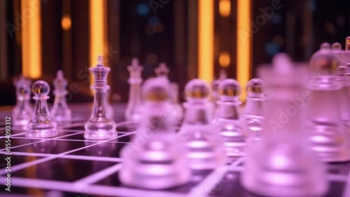A close-up view of a digital chessboard where the squares are defined by bright blue neon lines. 