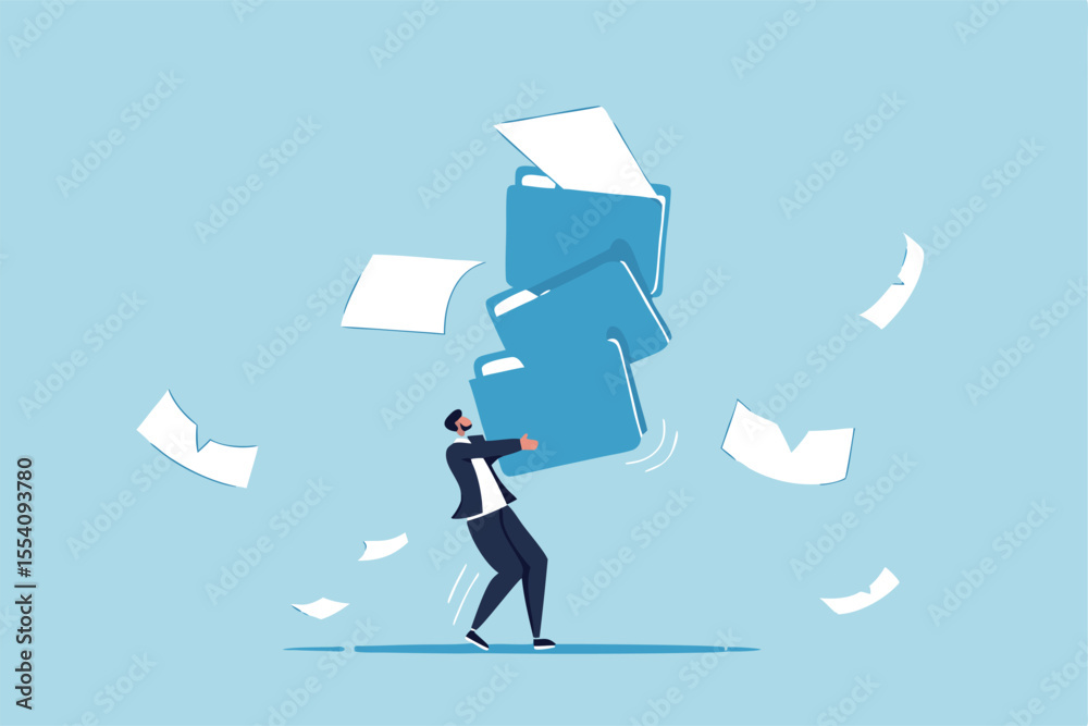 Archive document file storage folder, backup important file directory or information, paperwork discovery or online compression or protection concept, businessman carry big file folder to be archived. Archive document file storage folder, backup important file directory or information, paperwork discovery or online compression or protection concept, businessman carry big file folder to be archived.
