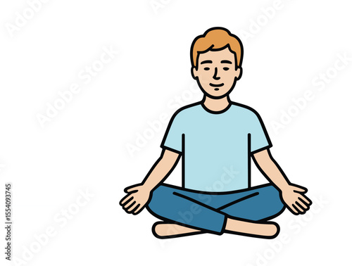 Cartoon illustration of a man meditating in a lotus position on a black background with a white line