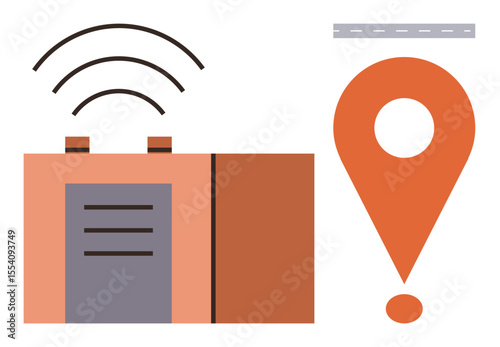 Wireless GPS transmitter emitting signals next to a large location marker and a road segment. Ideal for navigation, location tracking, technology, travel, connectivity, communication, simple flat