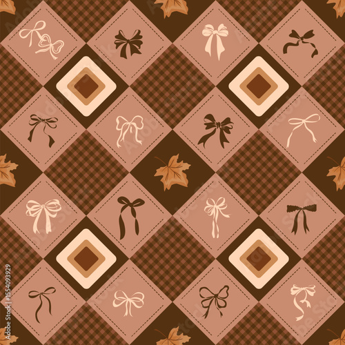 Rustic Autumn Patchwork Seamless Pattern with Bows, Maple Leaves, and Geometric Squares in Brown Tones