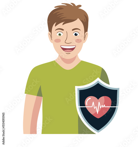 Cartoon man with green shirt and a heart symbol on a shield representing health and protection