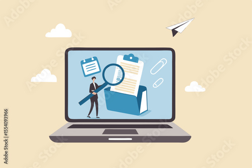 File management or documents archive, computer data backup or virus scan, online cloud storage or search for files concept, businessman with magnifying glass search for file in folder computer laptop.