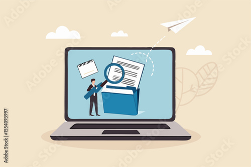 File management or documents archive, computer data backup or virus scan, online cloud storage or search for files concept, businessman with magnifying glass search for file in folder computer laptop.
